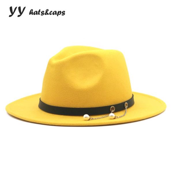 

wide brim hats yy elegant cap for women buckle pearl chain felt vintage trilby panama men classic fedora hat fd010, Blue;gray
