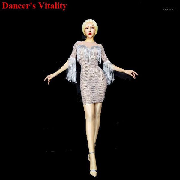 

rhinestone women's birthday dress new multi-color dress with tassel mesh sleeves ball gown ds youdu performance costumes 20201, Black;red