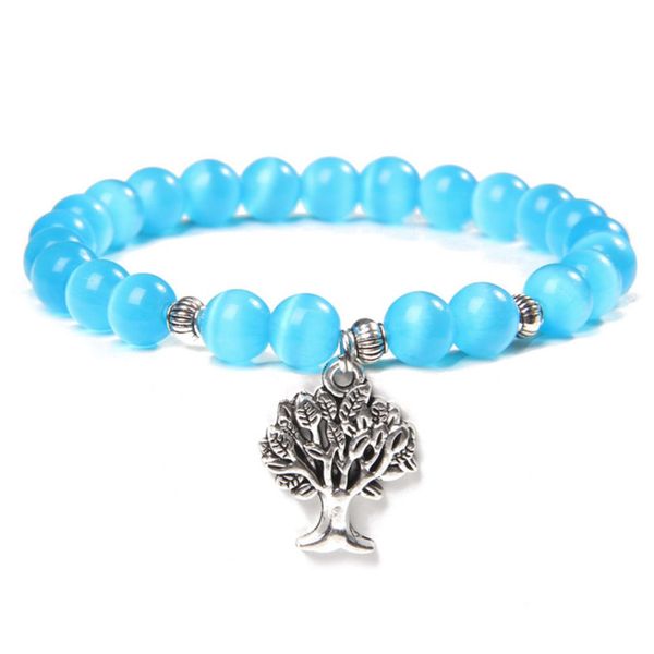 

wholesale 10 pcs silver plated tree of life connect many colors cat eye stone stretchy bracelet fashion jewelry, Black