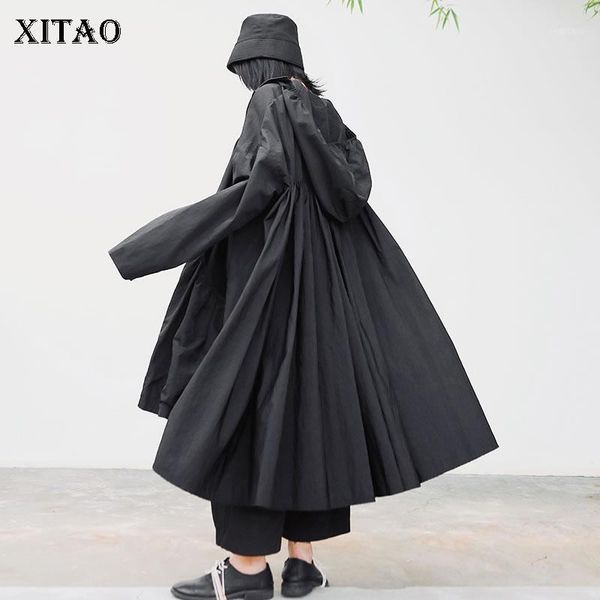 

xitao plus size trench women fashion pleated wide waist hooded collar small fresh minority 2020 spring casual coat 32181, Tan;black