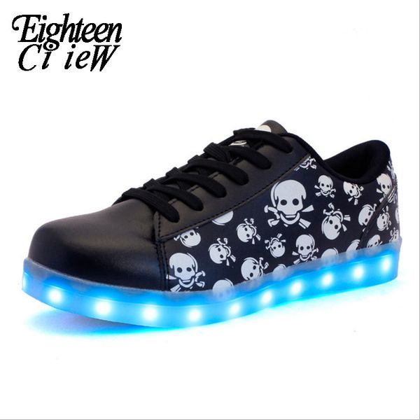 

new children skull led light kids fluorescent sneakers boys luminous footwear fashion board usb rechargeable shoes, Black
