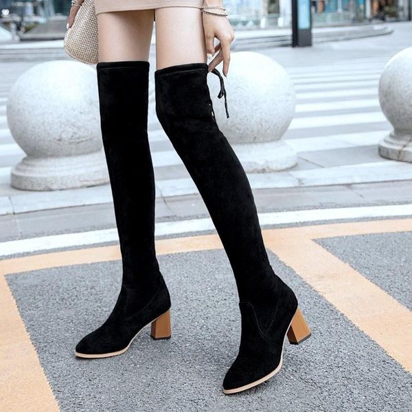 

women boots ladies retro increased shoes long boots female fashion 2020 autumn shoes over-the-knee lace-up pointed toe, Black