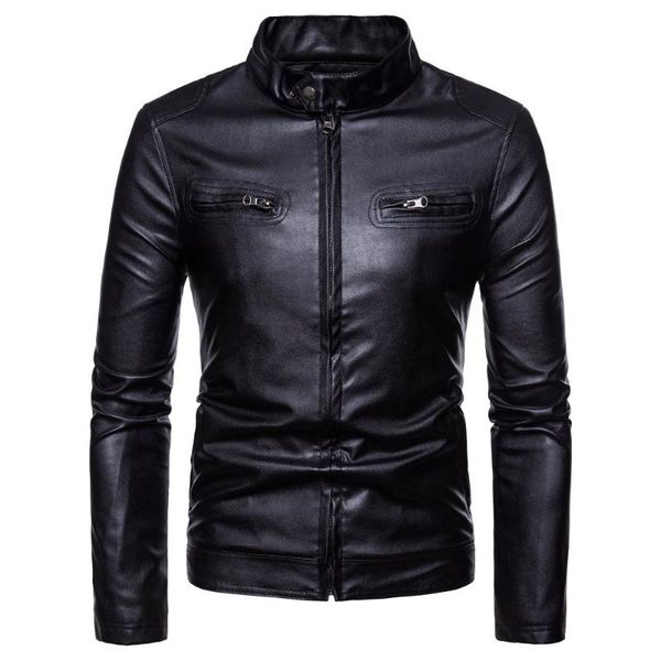 

leather jacket new 2020 men's stand-up collar, double zipper pocket, slim-fitting casual motorcycle men's leather jacket, Black;brown