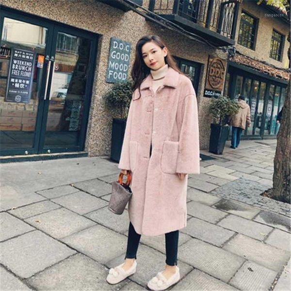

imitation water velvet fur women long section korean 2020 winter new fur one coat fashion loose thick lamb jacket w2321, Black