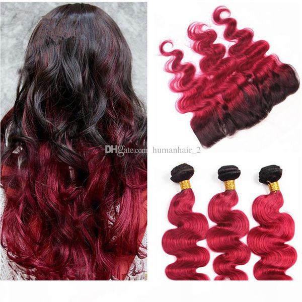 

red human hair with lace frontal raw indian human hair remy virgin hair 3 bundles with dark roots red lace frontal closure 4pcs, Black;brown