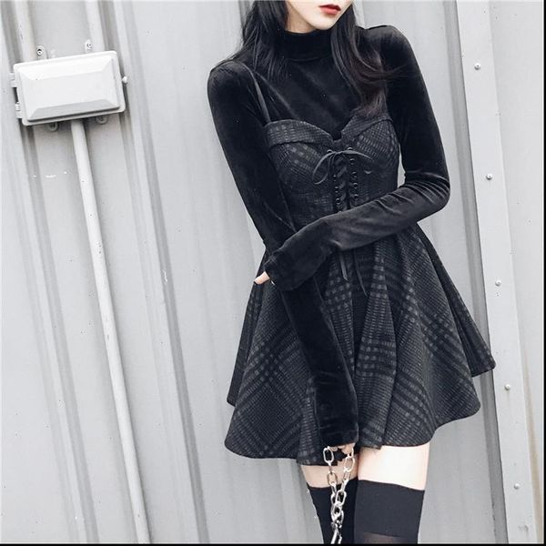 

new spring autumn women gray plaid pleated dress sling strap backless rock punk dress gothic girls female short dresses, Black;gray