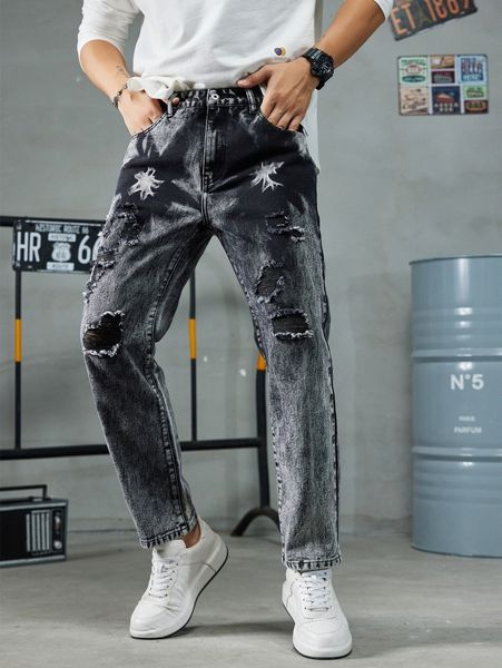 

men tie dye ripped washed jeans j92l#, Blue