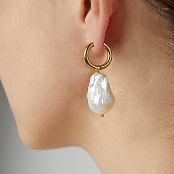 

dangle & chandelier huggie oorbellen bijoux acier inoxydable femme natural freshwater baroque pearls circle hoop round earrings for women je, Silver