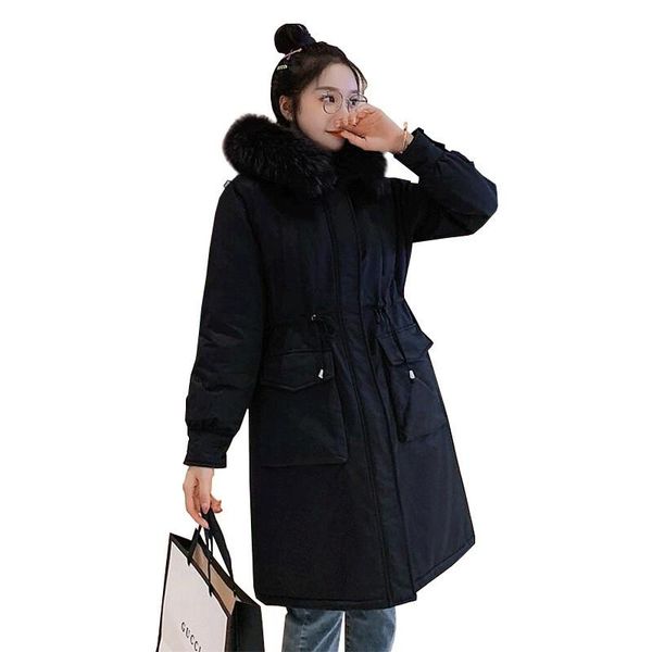

autumn winter women cotton parkas coat with faux fur hoody lady outerwear overcoat lf2185, Black