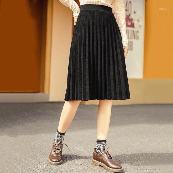 

inman 2020 winter new arrivals mid waist elastic chap a pleated skirt1, Black