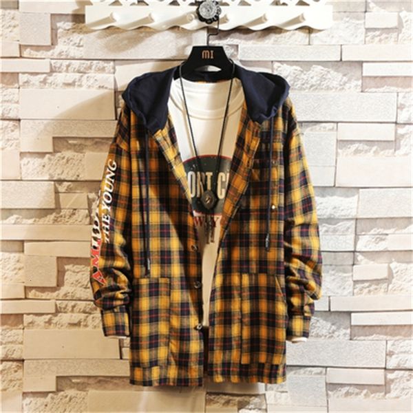 

2021 new hip hop streetwear punk style casual red plaid shirt men's long sleeve with hooded arqo, White;black
