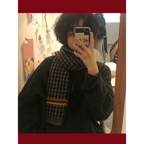 

ifbeer winter versatile korean bib check lovers men and women small scarf short thin student ins, Blue;gray