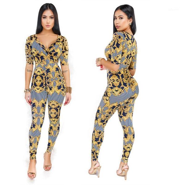 

women's trend printing v-neck jumpsuit skinny casual jumpsuits1, Black;white