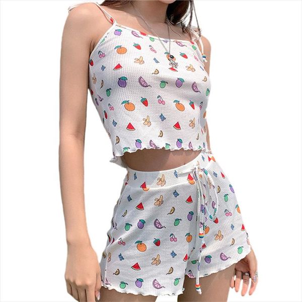 

2020 тенденции моды женщины пижама набор рукавов фрукты для печати tank crop top шорты 2 шт outfit lounge wear soft спящий set, Gray
