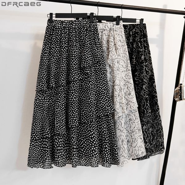 

casual summer skirts womens plus size elastic high waist jupe femme print floral long pleated skirt chiffon ruffles faldas mujer y200326, Black