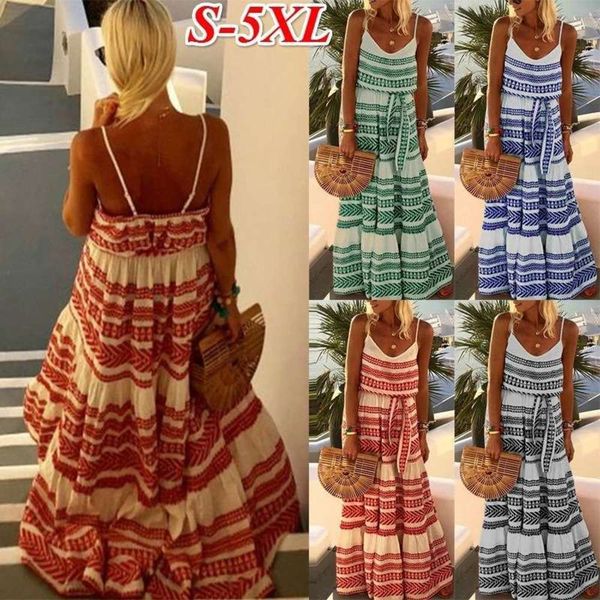 

deep 2019 new bohemian large women's v-neck print suspender beach dress, Black;gray