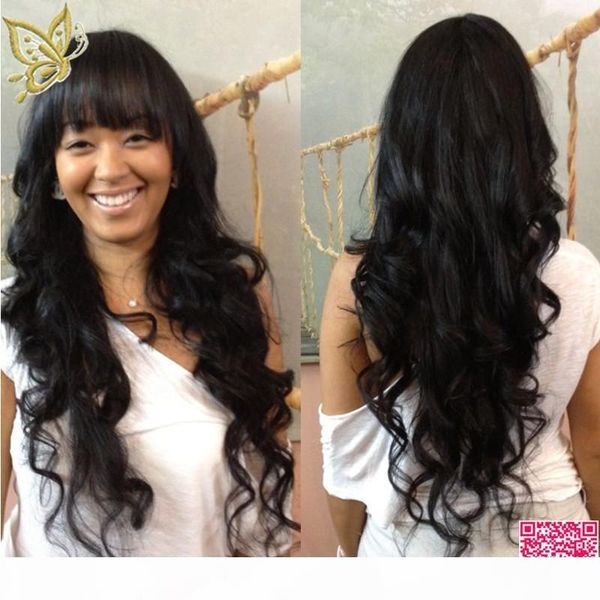 

long body wave glueless full lace human hair wigs brazilian wavy huamn hair lace front wig with full bangs & baby hair, Black;brown