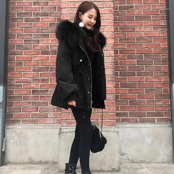 

autumn winter warm korean hooded thick womens cotton parkas casual long sleeve faux fur collar female loose medium length coats1, Black
