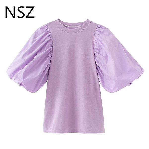 

nsz women cotton summer t shirt puff sleeve round collar oversized t-shirt vogue tee shirt purple street style clothes, White