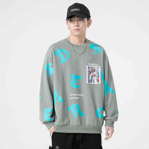 

hoodies sweater fleece men's long sleeved 2021 autumn and winter korean chao brand loose print round neck couple's coat, Black