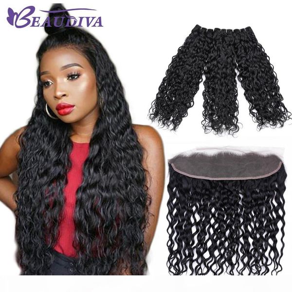 

water wave virgin hair extensions beaudiva human hair bundles with closure wholesale 8a brazilian hair 3bundles with lace frontal, Black;brown
