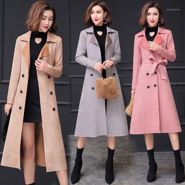 

fashion women thin trench coat turn-down collar double breasted long trench coat slim plus size wind with belt by1781, Tan;black
