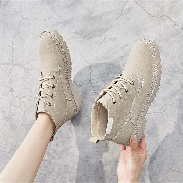

boots women winter 2021 genuine leather suede ankle woman fashion lace -up black flat short