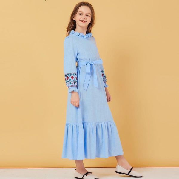 

children sweat muslim dress girls embroidery floral moroccan dresses kids elbise lace-up islamic clothing dubai vestido kaftan, Red