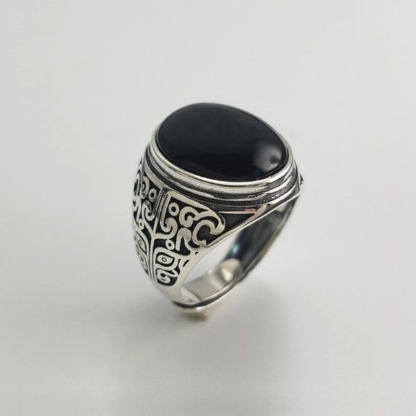 

Real 925 Silver Black Garnet S925 ring For Men Female Engraved Flower Classic Open Size ring Sterling Thai Silver Jewelry, Golden;silver