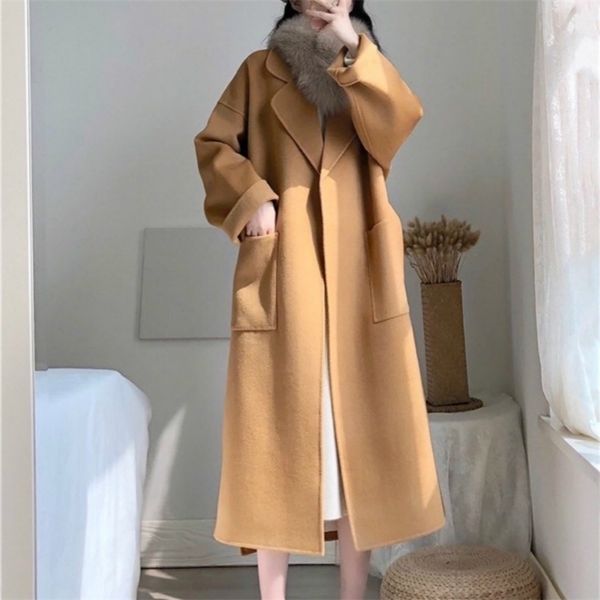 

handmade women vintage winter 95% cashmere long coat jackets wool overcoat sashes warm cardigan outwear loose cloak with pockets 201214, Black
