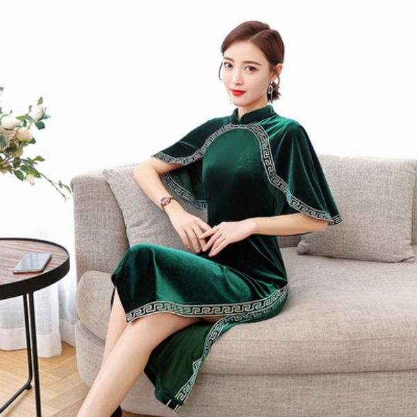 

mhese length eroding standing 2020 girl young collar embroidery chinese style 6dvf4 dressembroidered cheongsam velvet dress improved dress, Black;gray