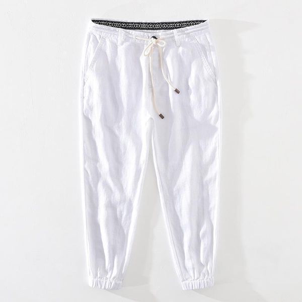 

men's summer casual ankle-length pants natural pure linen trousers solid white elastic waist drawstring man harem pants y25051, Black