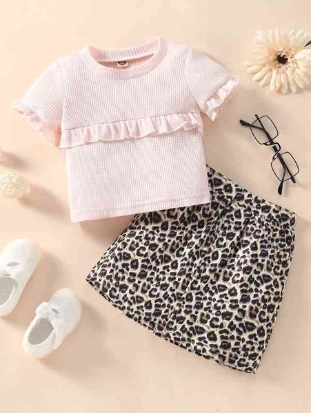 

baby waffle knit frill trim tee & leopard skirt she, Blue