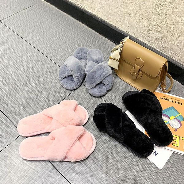 

winter women house slippers slip on flat sweet cute home slippers woman indoor faux fur warm fashion furry female slides slipper, Black