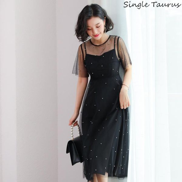 

embroidered flares mesh dress women velvet black niche dress short sleeve princess vestidos de fiesta dresses woman party night1, Black;gray