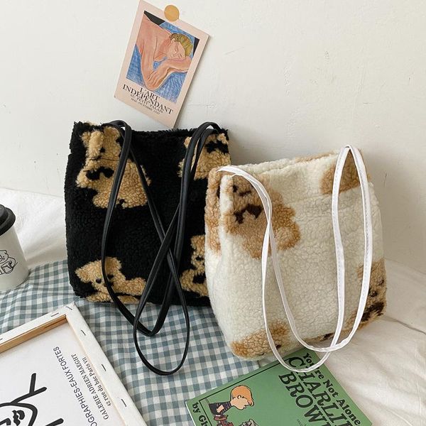 

cross body women lamb like fabric shoulder tote bag canvas fluffy fur bear handbags large capacity soft shopping bags girls cute school