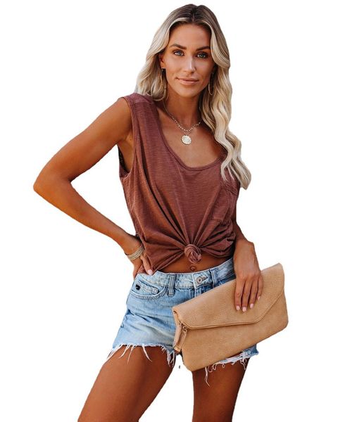 

u-neck patch pocket solid color hem ladies vest, White