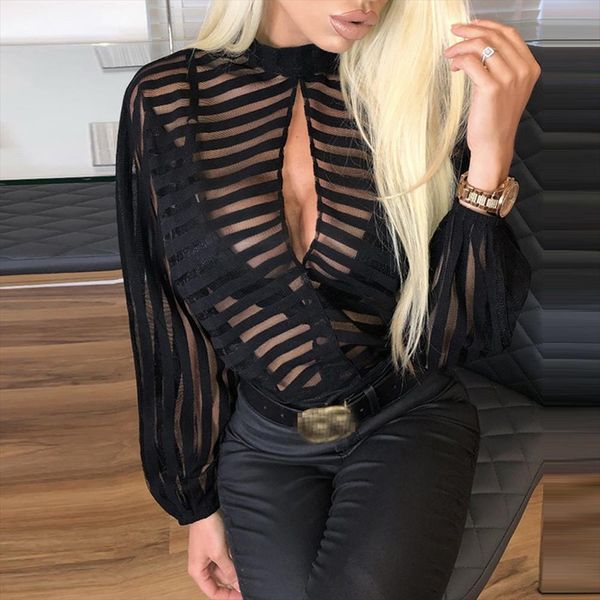 

women mesh net blouse sheer long sleeve ladies shirt black front hollow womens clothing summer female blouses, White