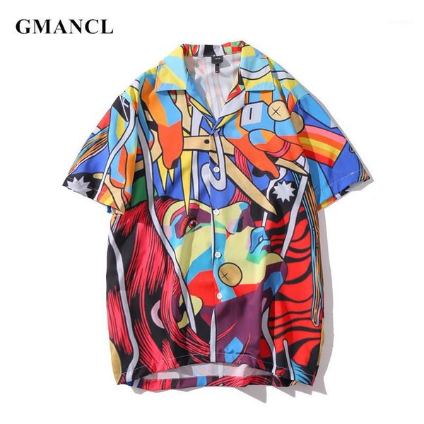 

summer men abstract character art printed loose beach short sleeve shirts hawaii party holiday casual shirt camisa masculina1, White;black