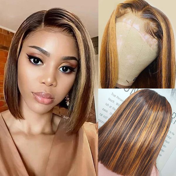 

13x4 straight highlight wig ombre brown honey blonde short bob wig transparent lace front wigs 150% density remy, Black;brown