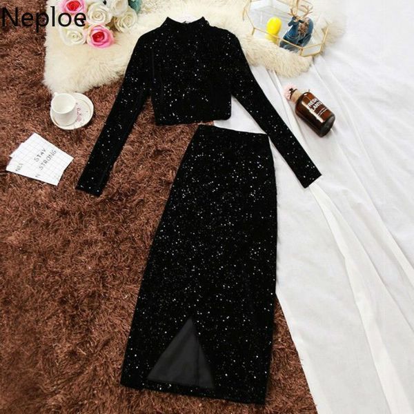 

neploe gold velet temperament 2 pcs women set stand collar long sleeve + high waist hip skirt conjuntos de mujer lj201118, White