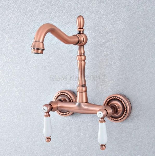 

bathroom sink faucets antique red copper brass dual ceramics handles wall mounted kitchen basin swivel faucet mixer tap tsf8851