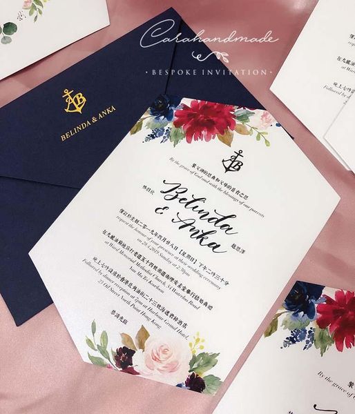 

burgunday and navy watercolor floral hexagon wedding invitation