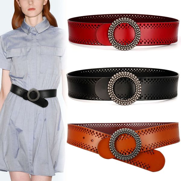 

round buckle women's decorative dress versatile wide fashion coat windbreaker belt leather waist seal black, Black;brown