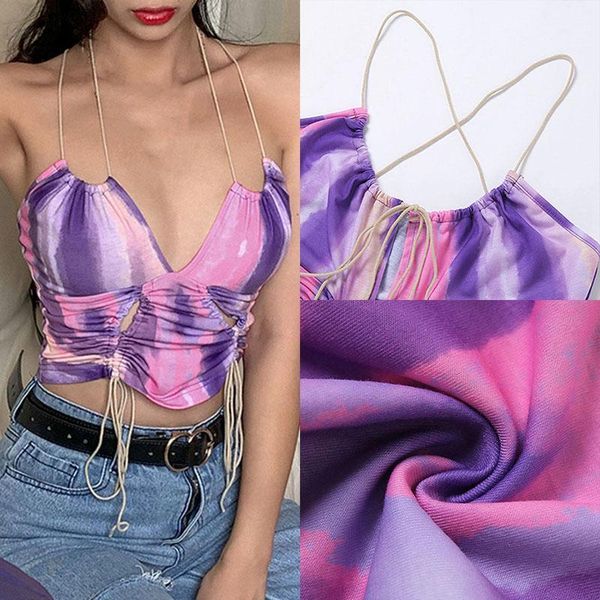 

e-girl tie dye halter bandage ruched crop sweet chic backless deep v-neck purple cami streetwear party tank1, White