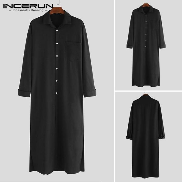 

incerun men long shirt long sleeve lapel punk muslim loose style kaftan streetwear split hem dress shirts men s-5xl, White;black