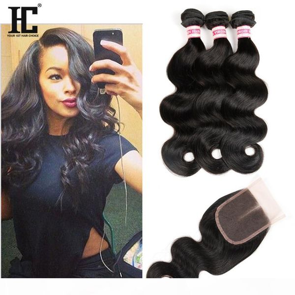 

3 bundles brazilian body wave hair with lace closure 4*4 middle three part lace closure 4pcs lot human hair extension natural color, Black;brown