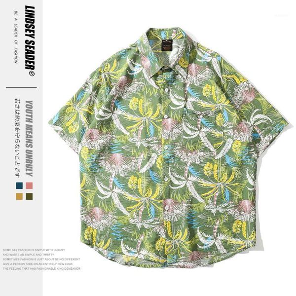 

lindsey seader turn-down collar hawaii style men shirts 2020 summer beach palm tree holiday full printing casual green shirt men1, White;black