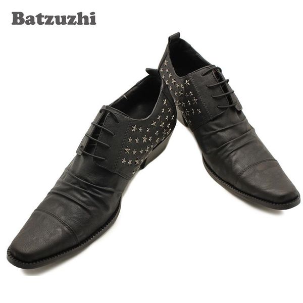 

ntparker british style leather man shoes pointed toe height increased male shoes business dress with rivets, big size 46, Black
