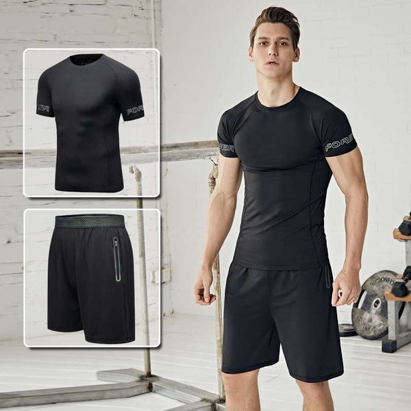 

two piece summer autumn winter fitness men's training suit quick drying t-shirt basketball football tight, Gray